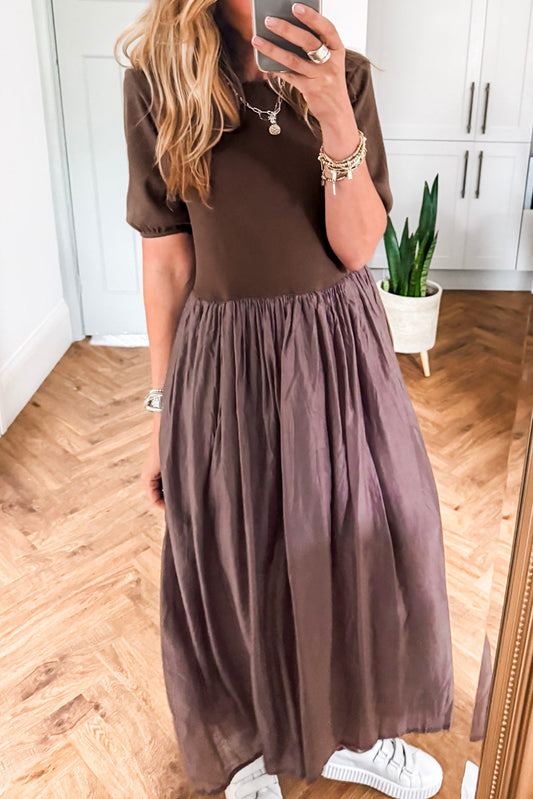 Coffee Short Sleeve Knit Top Patchwork Pleated Long Dress