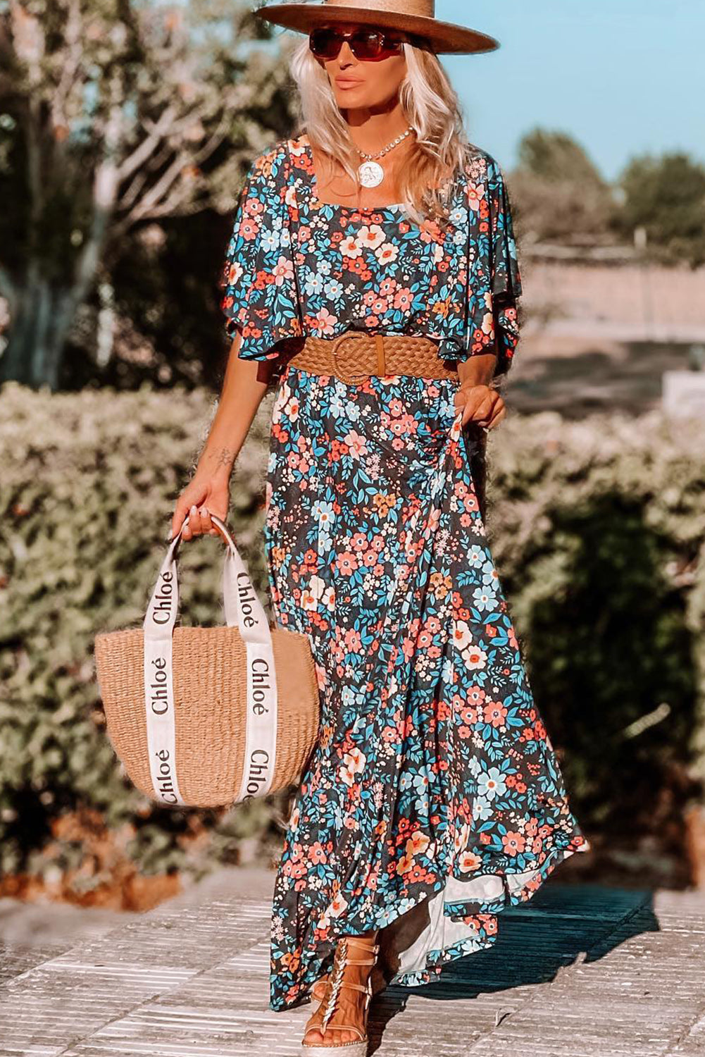 Sky Blue Floral Knotted Back Square Neck Maxi Dress