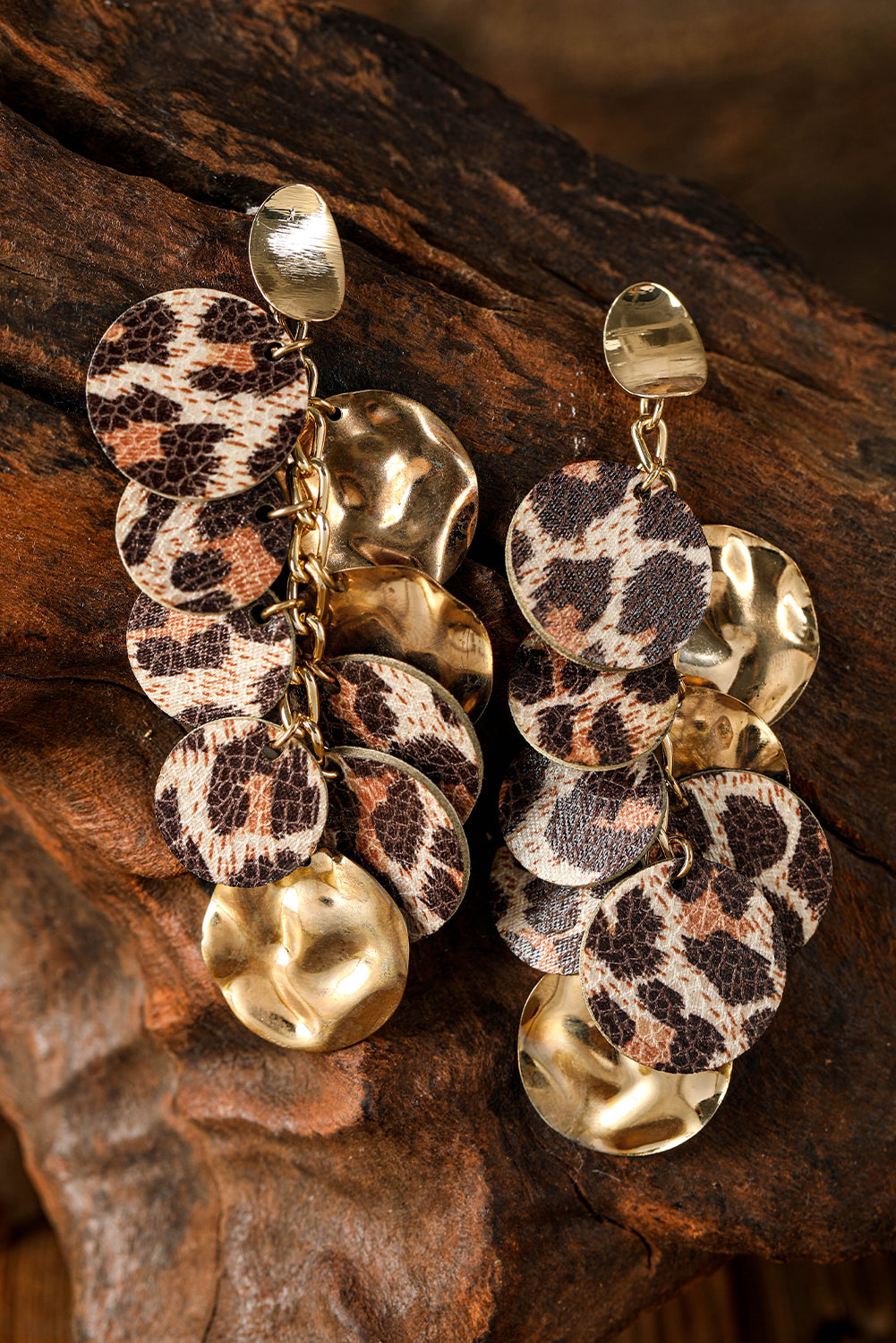 Chestnut Leopard Alloy Disc Stud Dangle Earrings