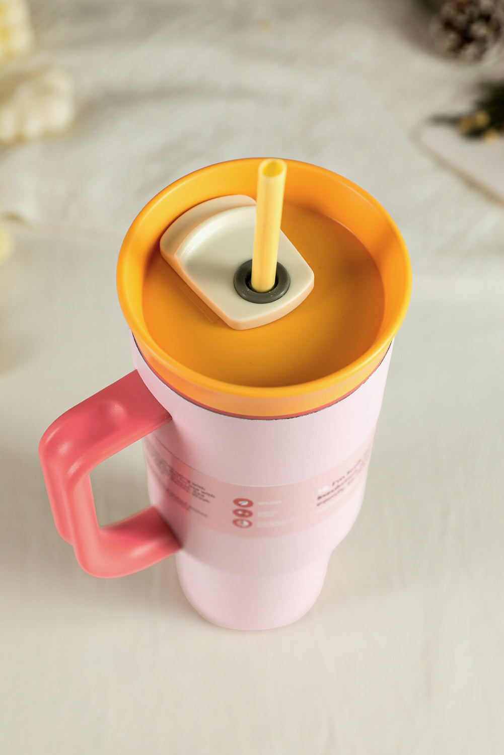 Light Pink Color Block Handle Lid Stainless Steel Insulation Tumbler with Straw