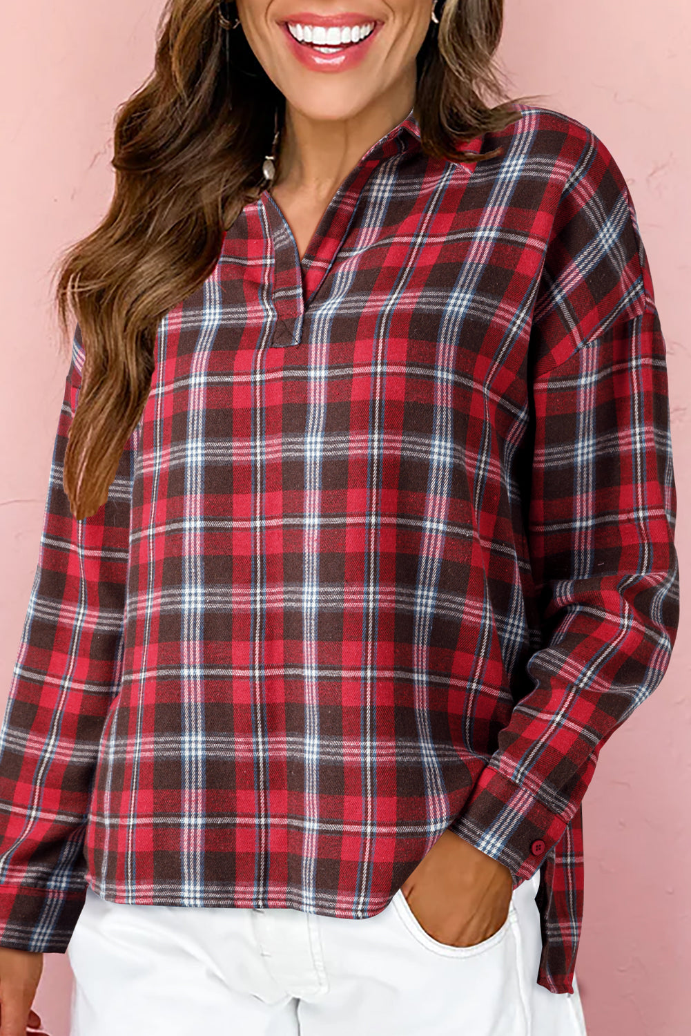 Red Plaid Print Collared V Neck Loose Blouse with Side Slits