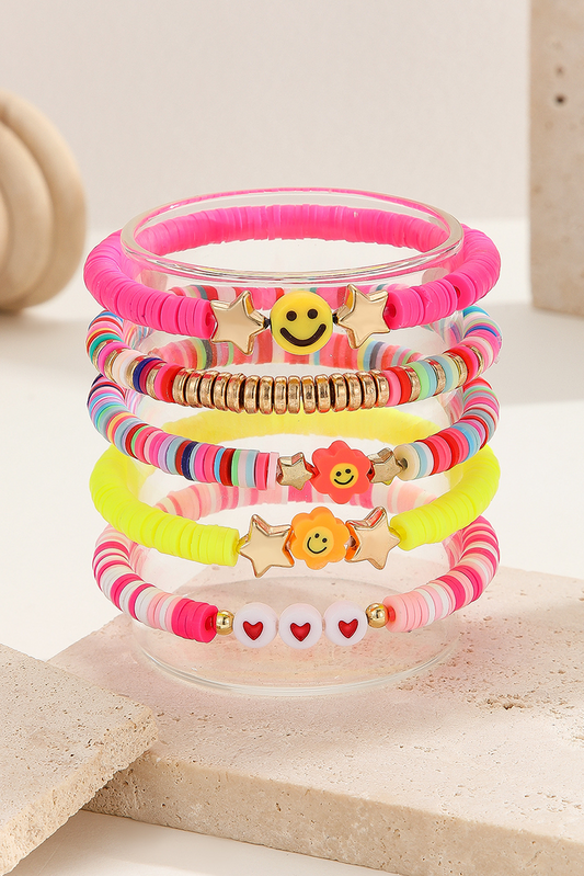 Bright Pink Smile Face Flower Beaded 5pcs Bracelet Set (Color of Flower May Vary)