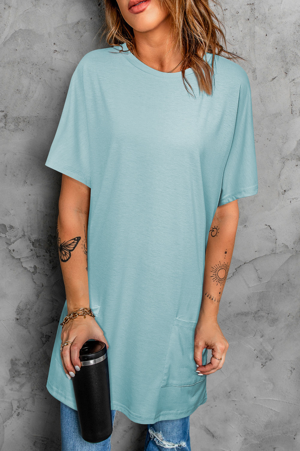 Light Blue Side Pockets Short Sleeve Tunic Top