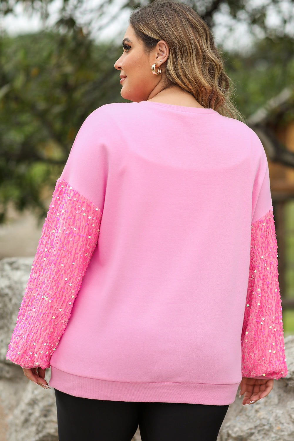 Pink Plus Size Sequin Sleeve Drop Shoulder Sweatshirt