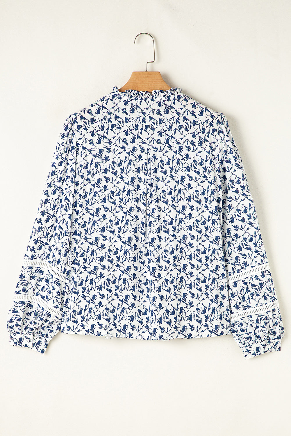 Blue Printed Lace Detail Floral Puff Sleeve Fall Shirt