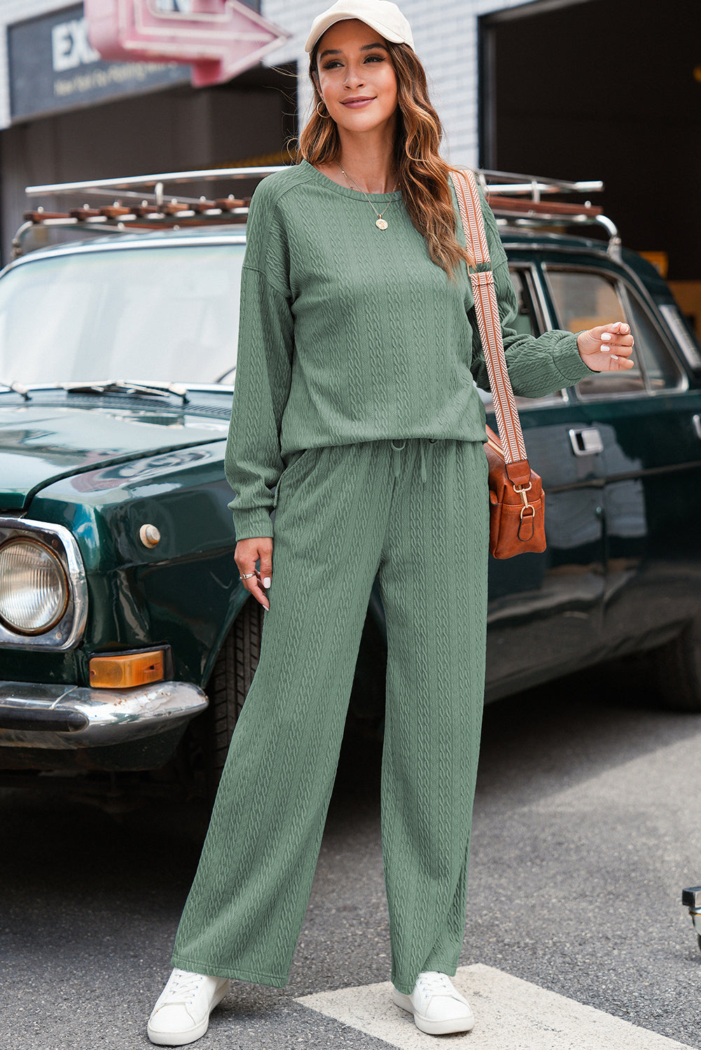 Smoke Green Textured Round Neck Sweatshirt & Loose Drawstring High Waist Pant Set