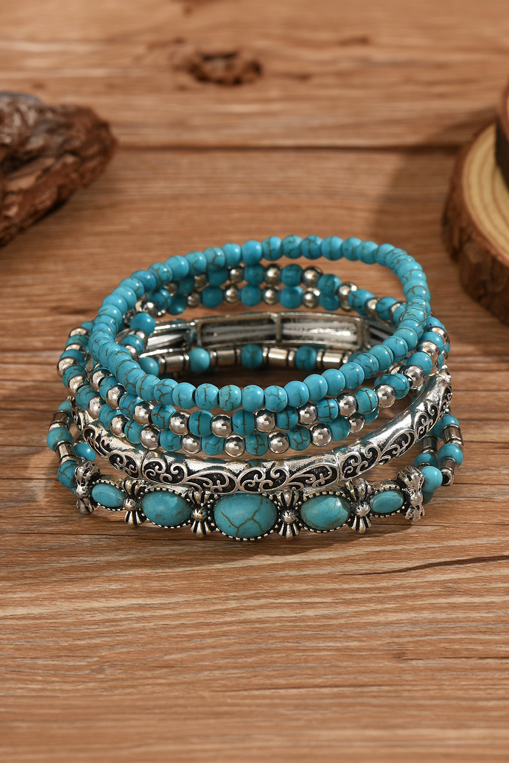 Silvery Western Turquoise Beading 5pcs Layered Bracelet