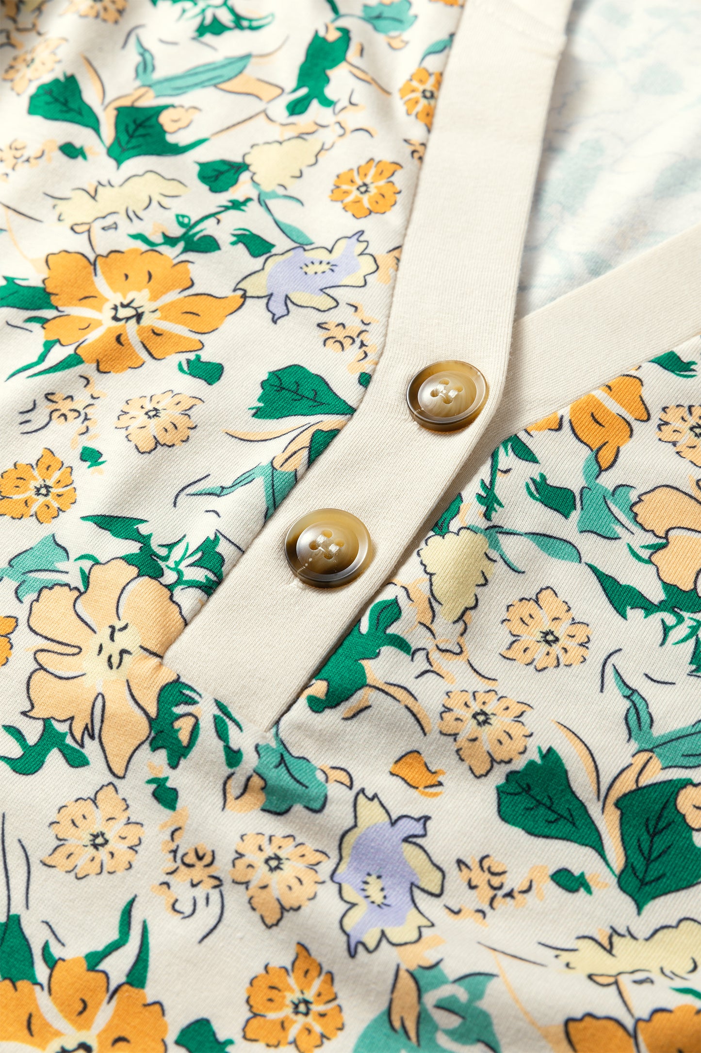 Khaki Floral Print Button Notched V Neck Long Sleeve Top