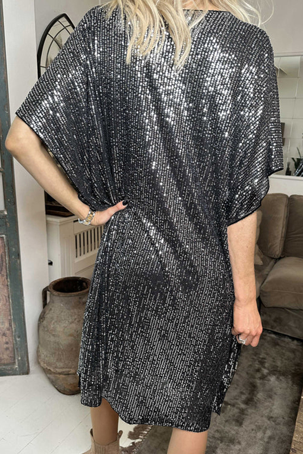 Dark Grey Sequin V Neck Dolman Sleeve Shift Dress