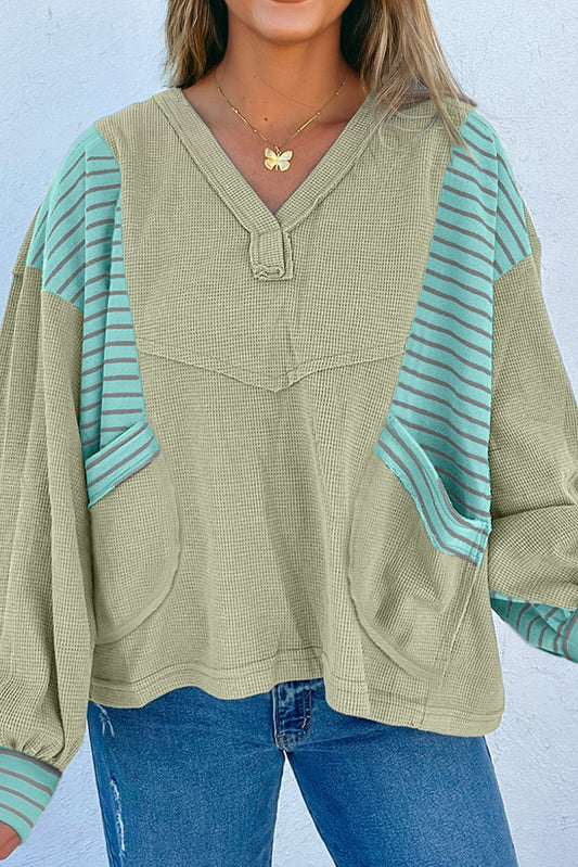 Meadow Mist Green Exposed Seam Waffle Striped Patchwork Baggy Pullover