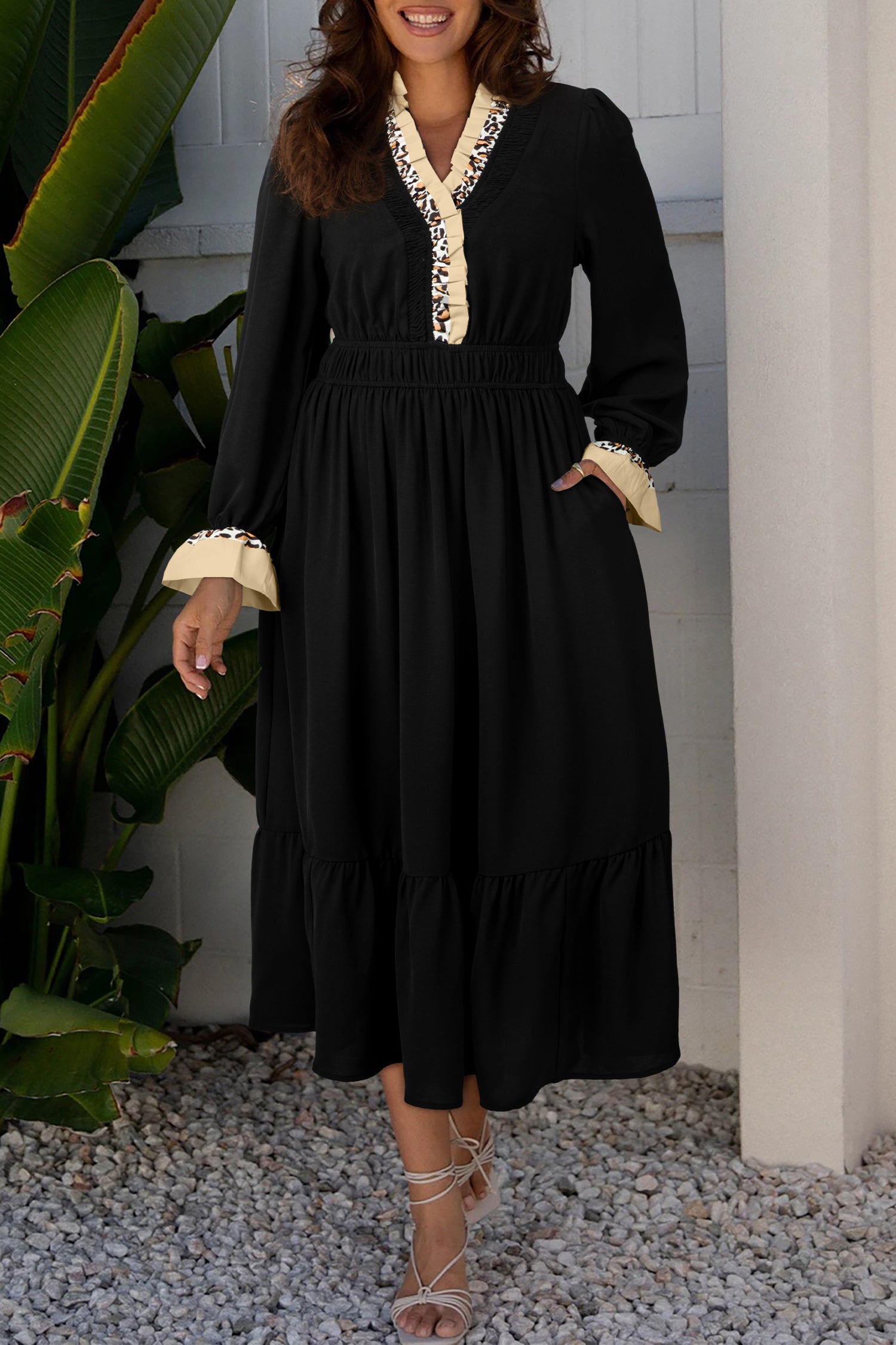 Black Contrast Leopard Frilled Trim V Neck Bracelet Sleeve Midi Dress