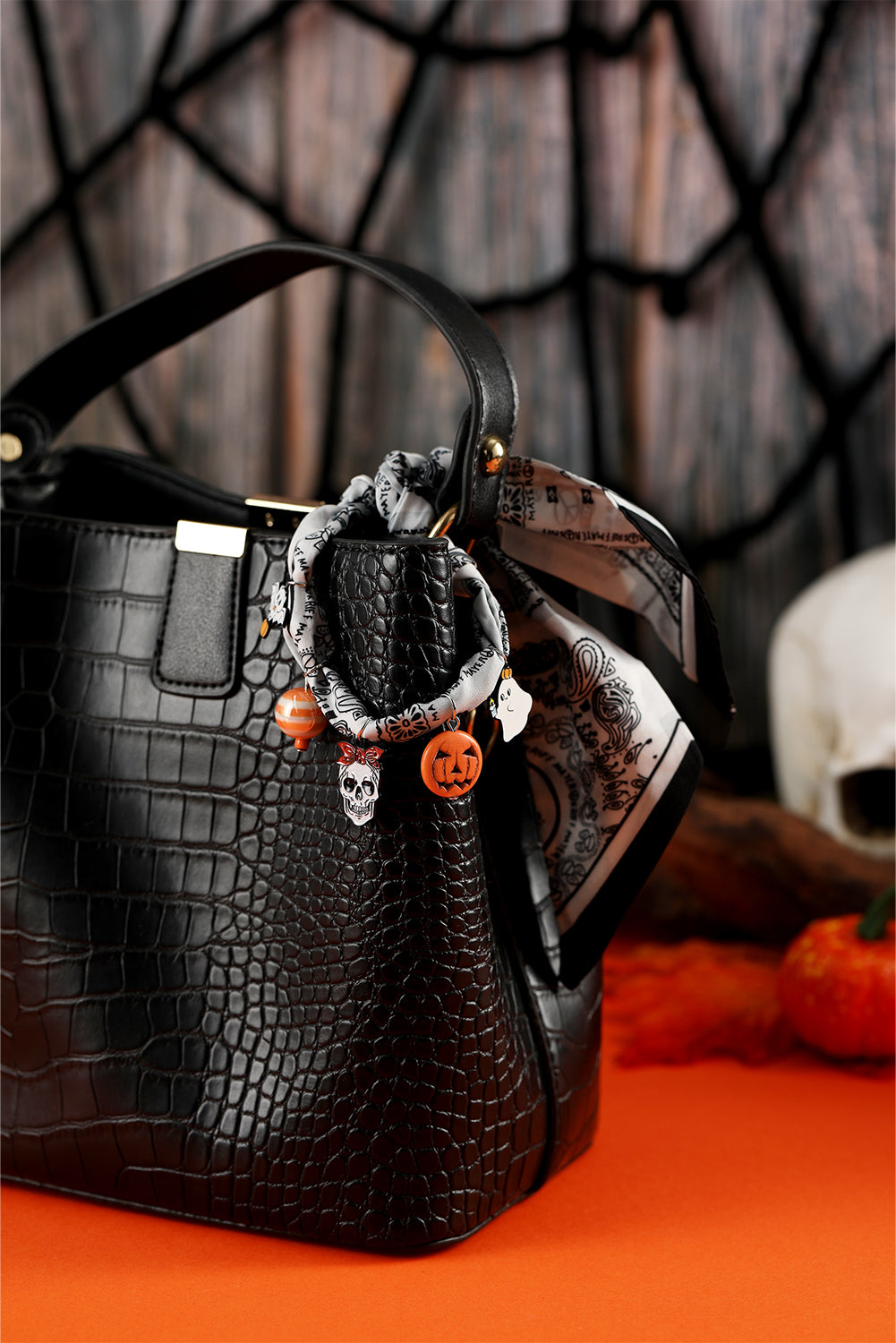 White Boho Printed Knot Scarf Halloween Pumpkin Ghost Charm Necklace