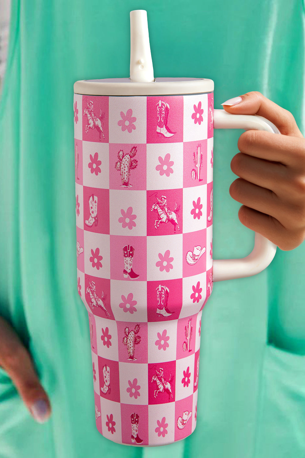 Rose Red Western Pattern Flower Checkered Print Insulated Tumbler 40OZ