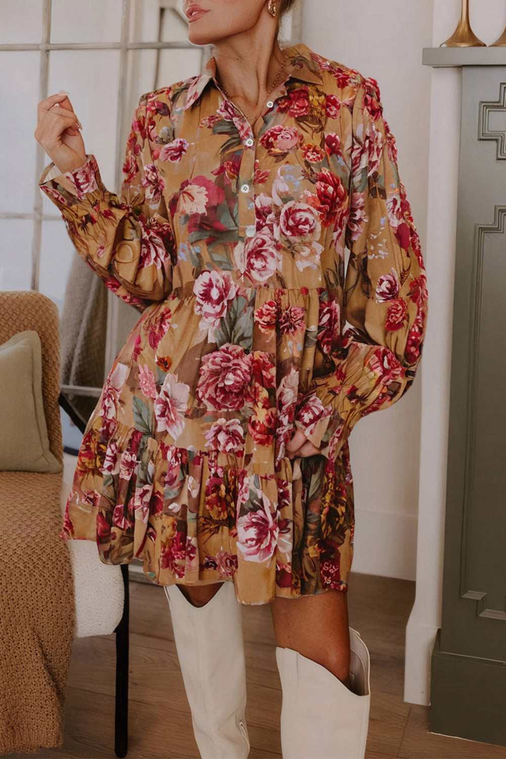 Brown Vintage Floral Print Shirt Style Half Button Long Sleeve Ruffle Mini Dress