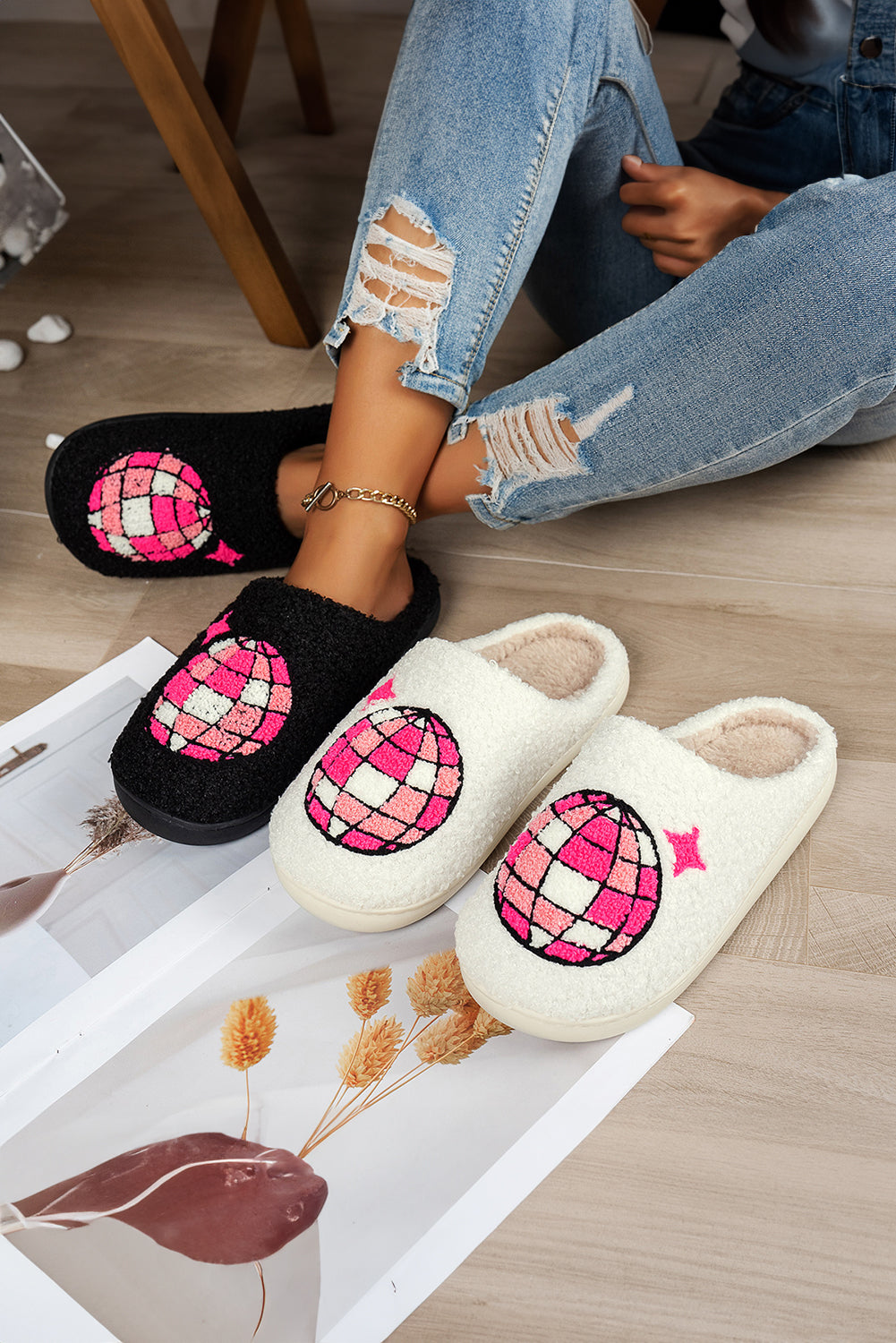White Disco Ball Print Fuzzy Winter House Slippers