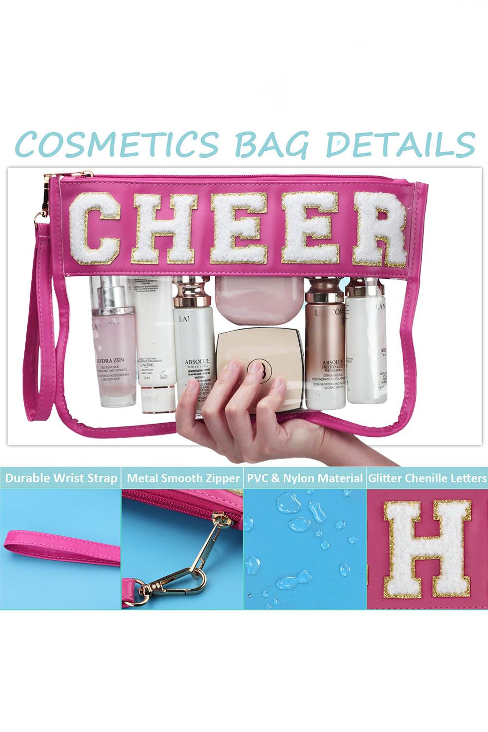 Bright Pink CHEER Chenille Letter PU Leather Patchwork Clear Makeup Bag