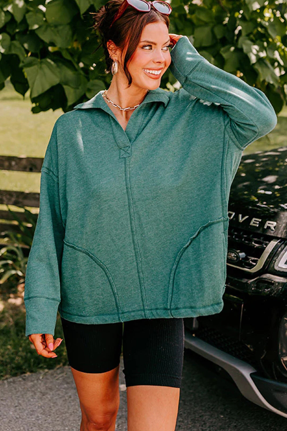 Evergreen Exposed Seam Collared Pocketed Loose Sweatshirt