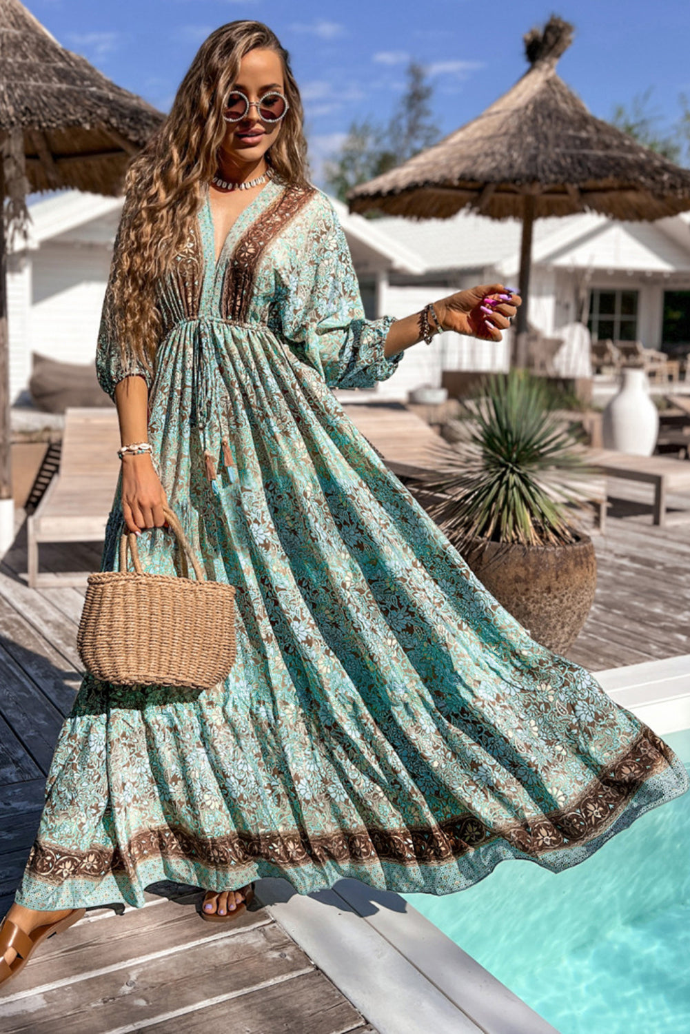 Green Boho Floral Print Lace-up Open Back High Waist Maxi Dress