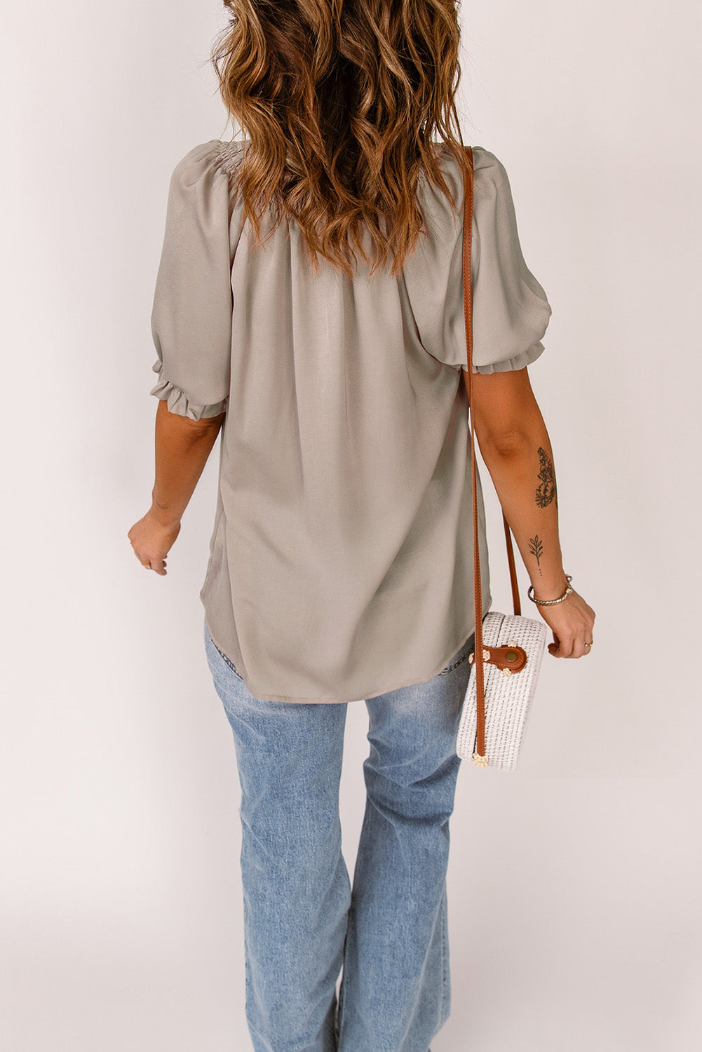 Khaki Split Frill Neck Puff Sleeve Blouse