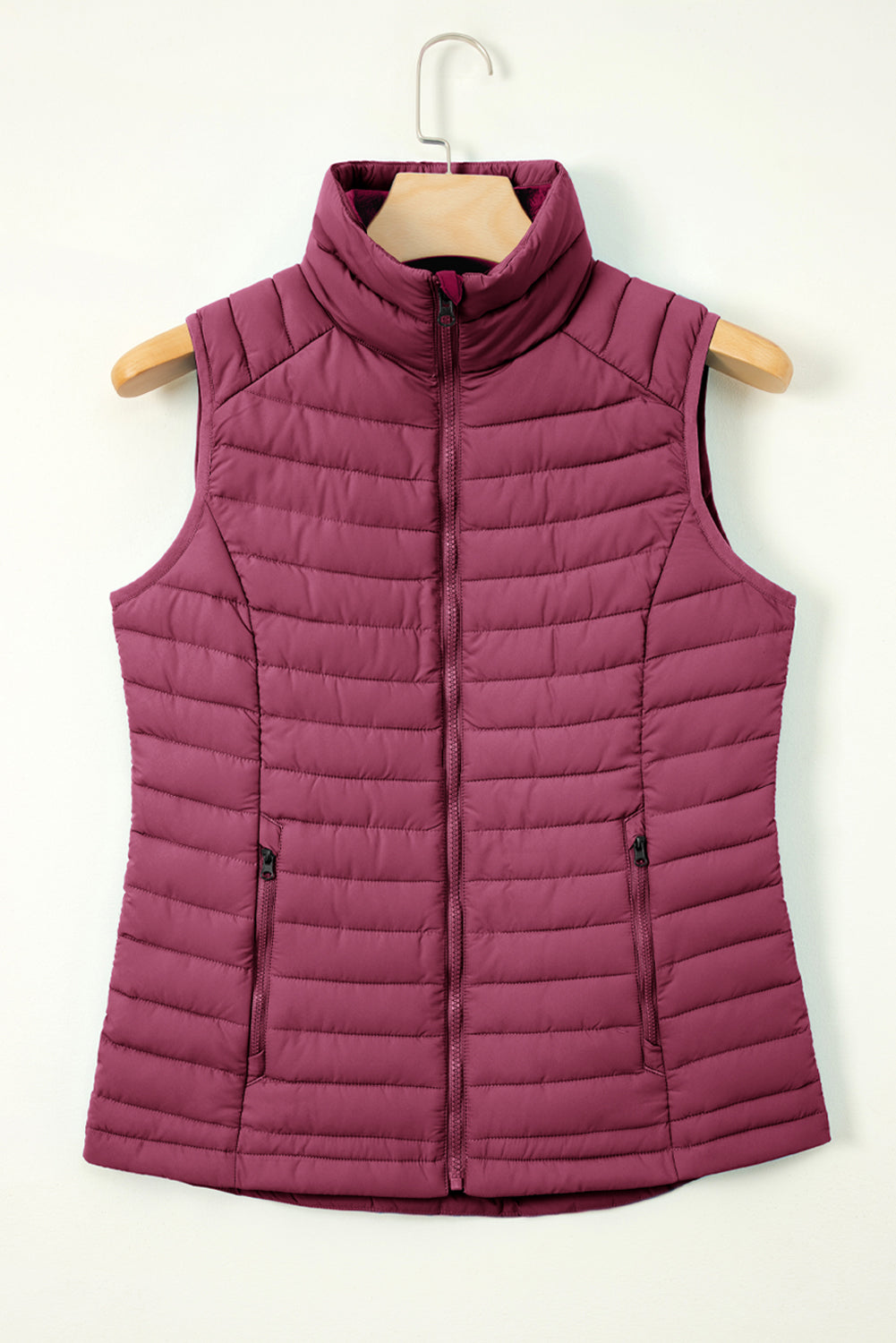 Burgundy Plush Collared Quilted Zipped Puffer Vest Emmeline s Fashion