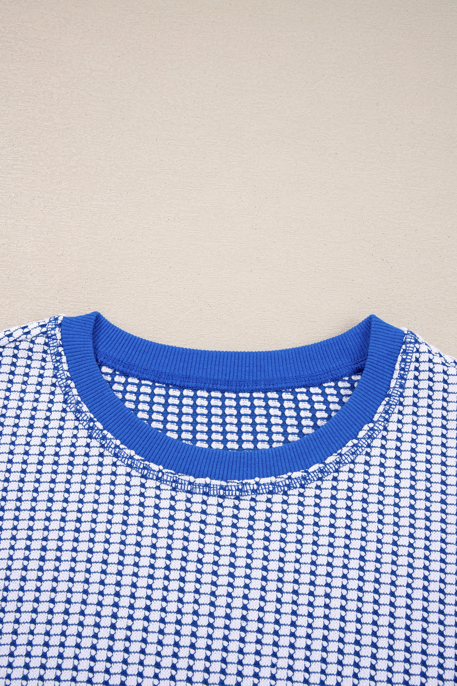 Dark Blue Waffle Knit Exposed Stitching Casual Top with Side Slits