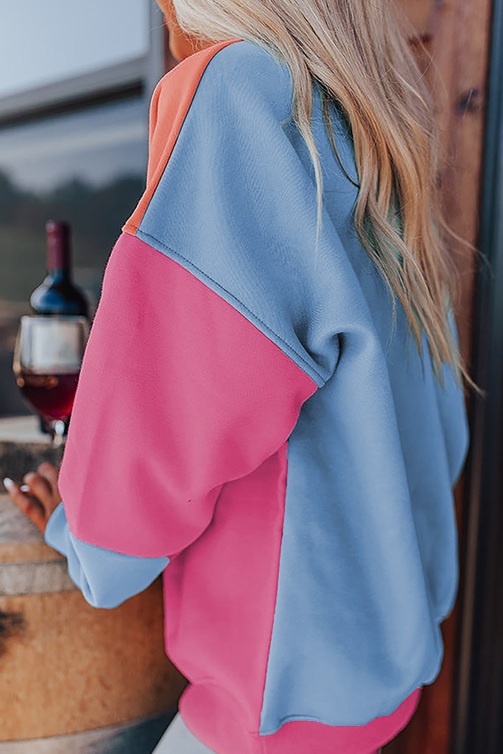 Bright Pink Colorblock Patchwork Drop Shoulder Sweatshirt