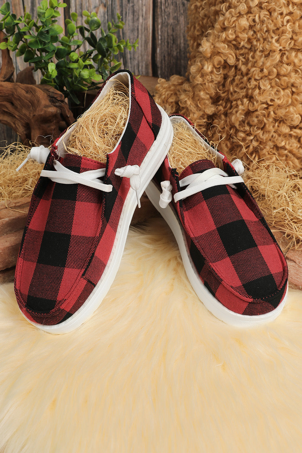 Fiery Red Vintage Plaid Lace Up Flat Shoes