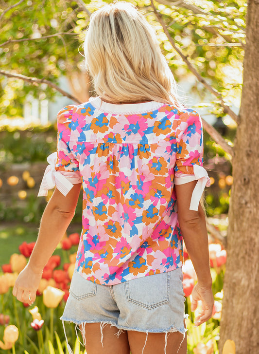 White Floral Colorblock Striped Edge V Neck Knotted Short Sleeve Blouse