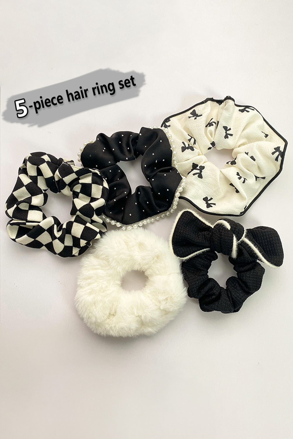 Black 5 Different Scrunchies Checkered Pearl Trim Bow Knot Plush Hair Tie Set