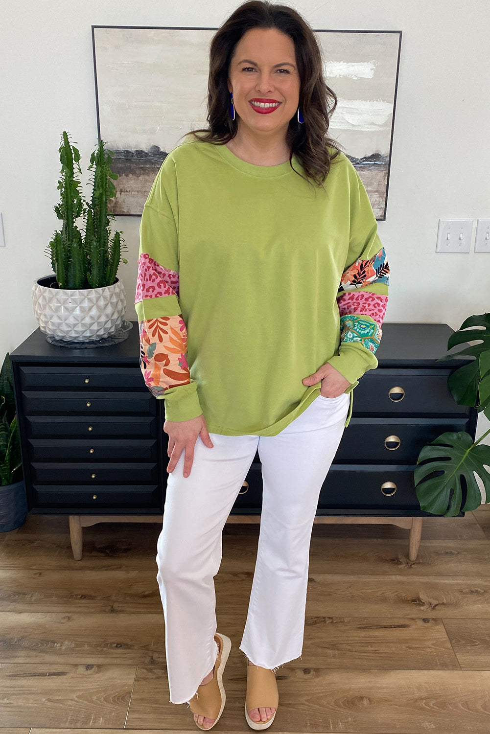 Green Plus Size Printed Patchwork Sleeve Split Sweatshirt