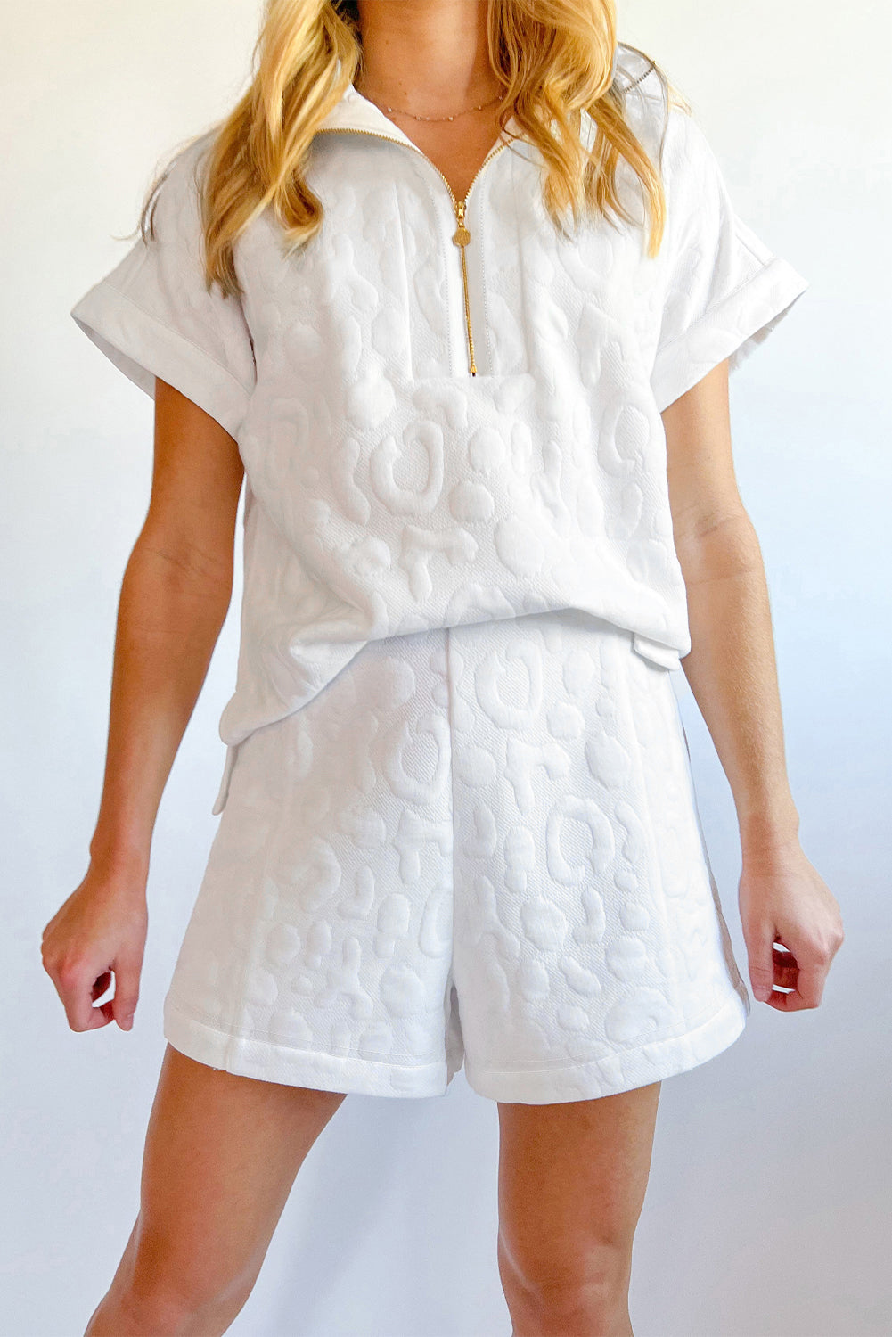 White Leopard Jacquard Quarter Zip Tee and Shorts Set