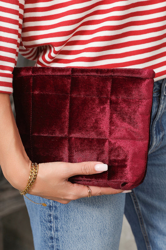 Burgundy Quilted Velour Zipper Cosmetic Organize Pouch
