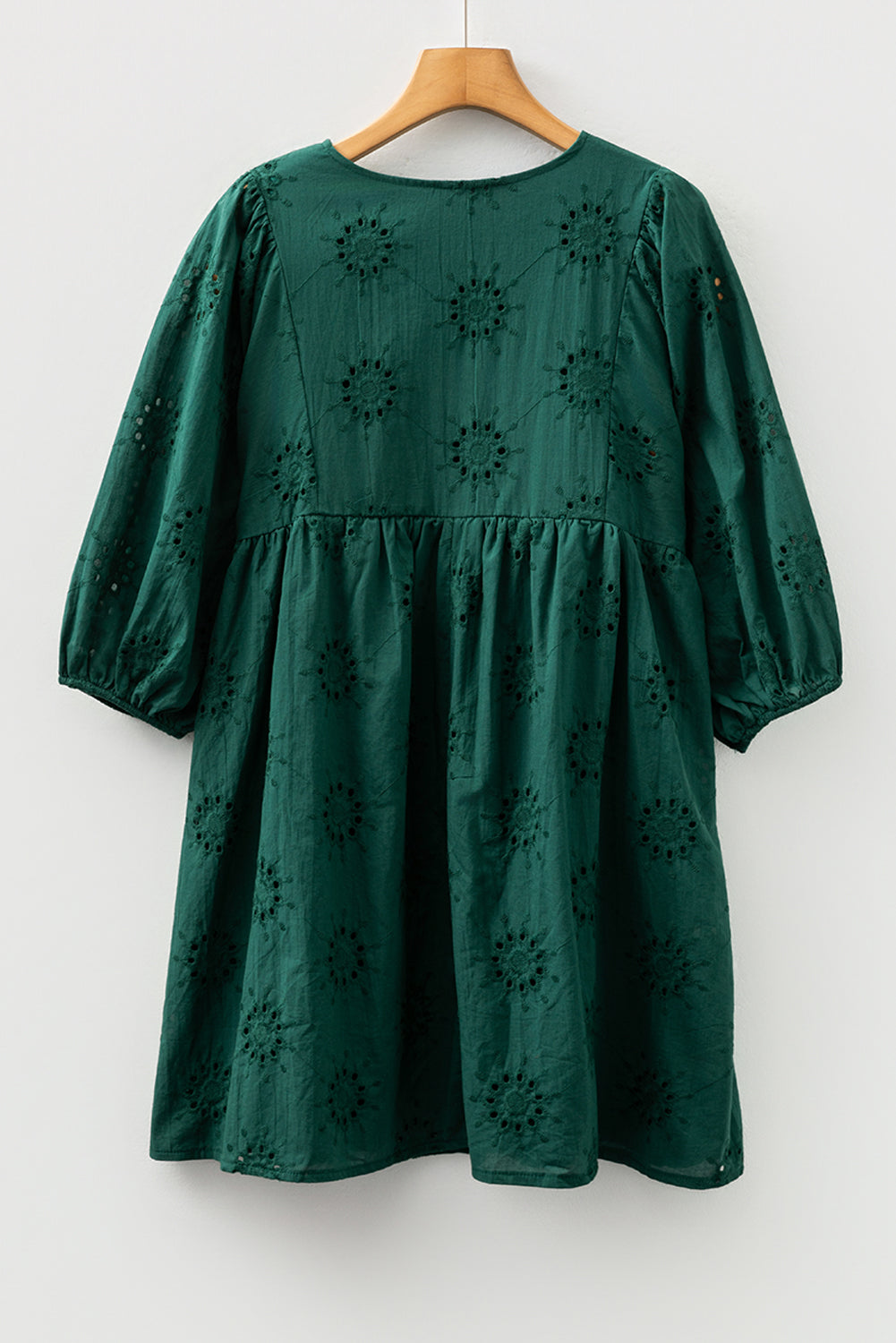 Blackish Green Embroidered Eyelet Pattern 3/4 Puffy Sleeve Swing Mini Dress