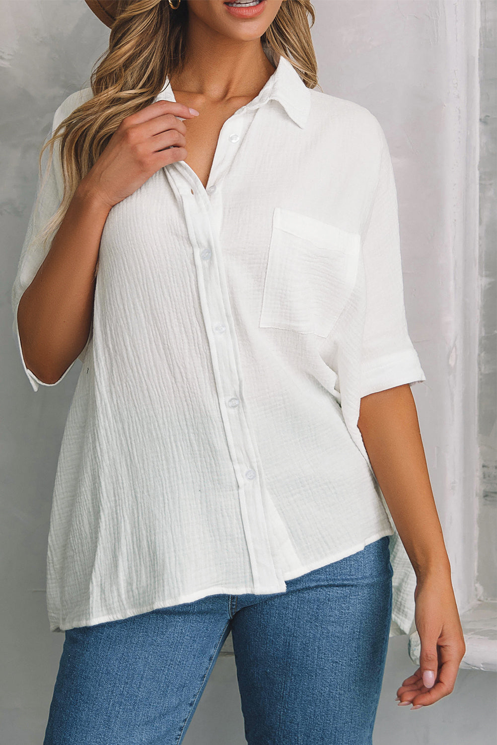 White Textured Cotton Gauze Single Chest Pocket 3 4 Sleeve Oversize Shirt