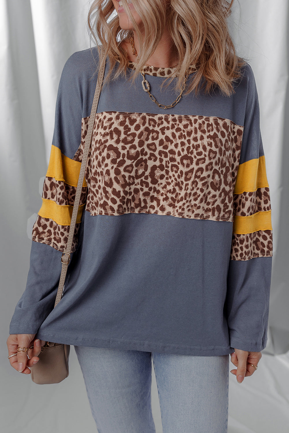 Dark Blue Leopard Colorblock Patchwork Long Sleeve Drop Shoulder Top