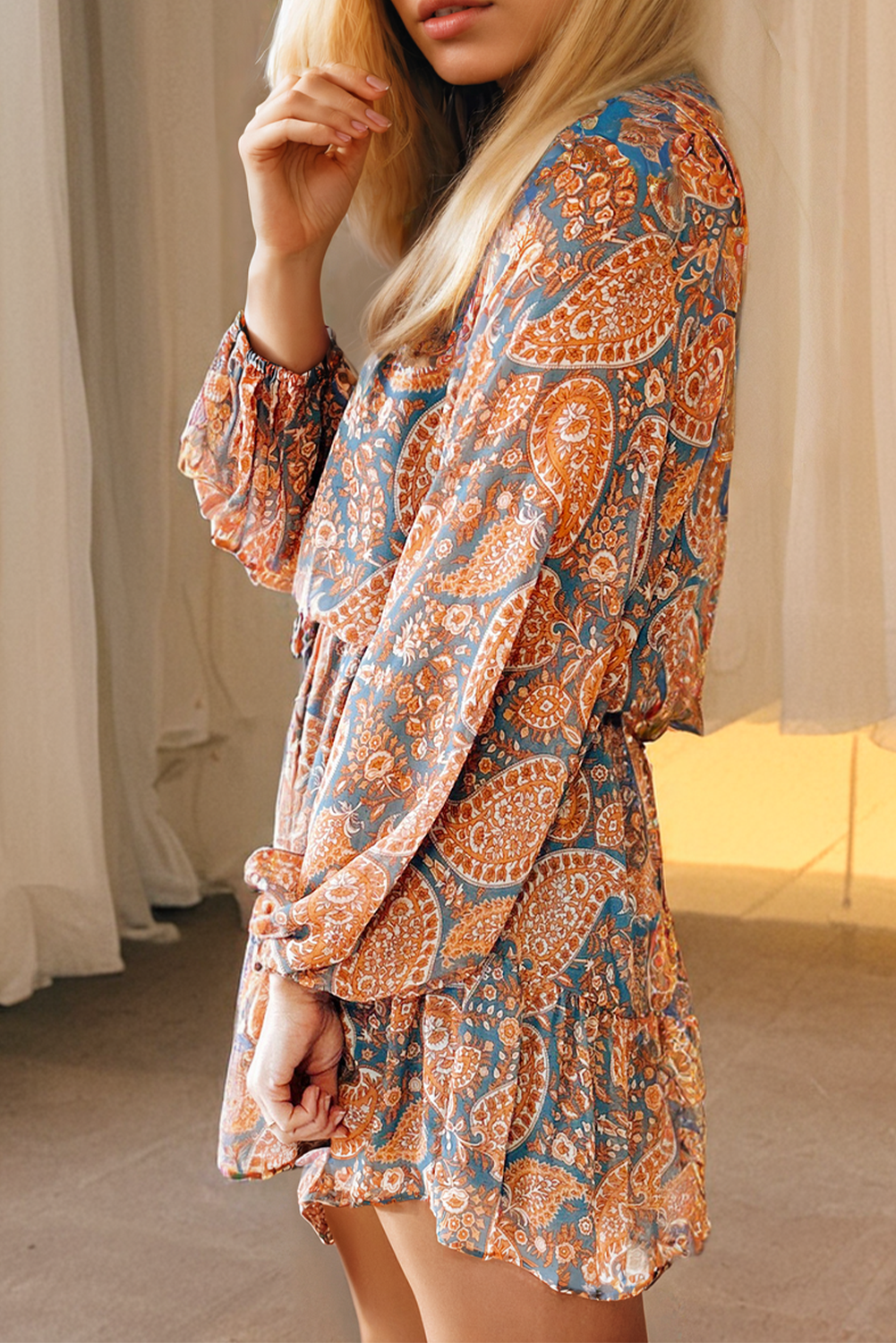 Orange Paisley Print Loose Fit Drawstring High Waist Mini Dress