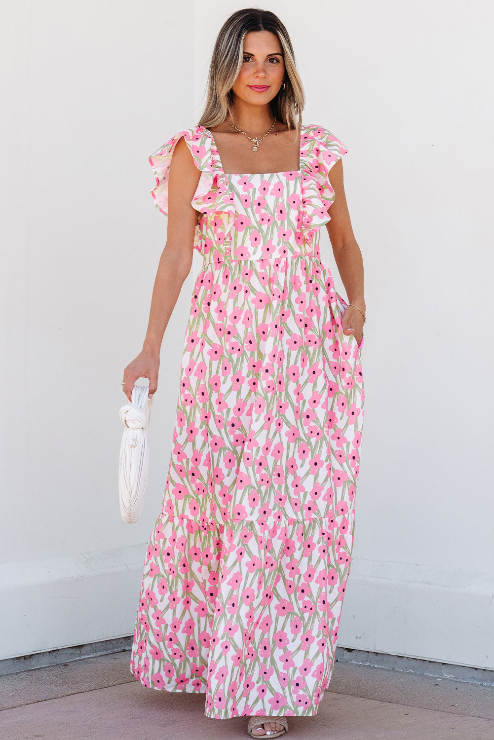 Pink Floral Print Square Neck Ruffled Strap Maxi Dress