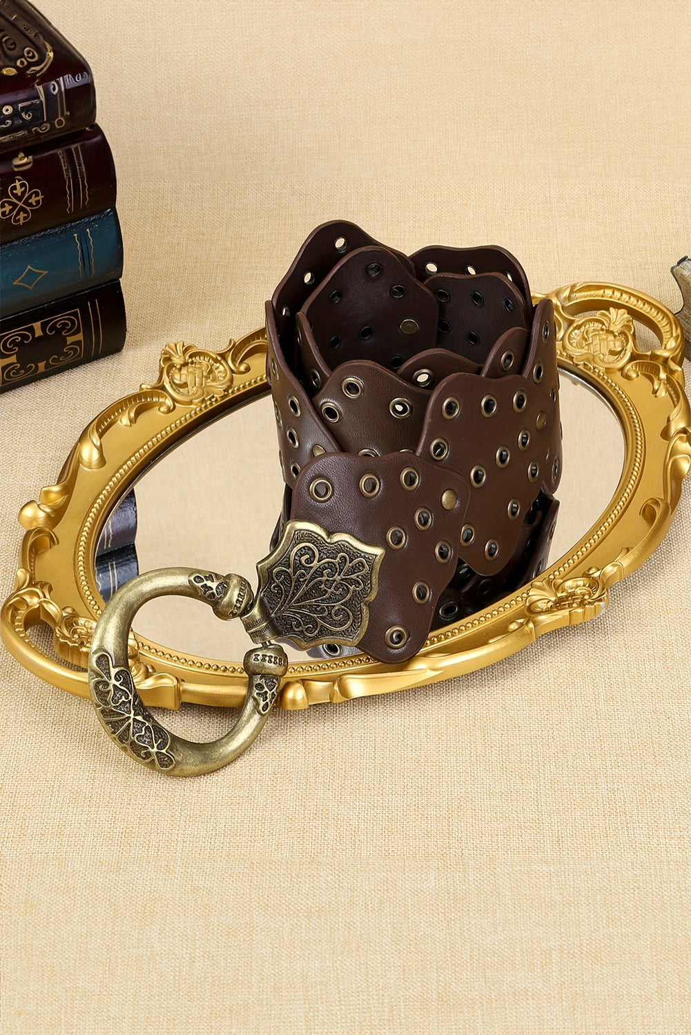 Chestnut Y2K Antique Bronze Circle Grommet Detail Western Leather Belt