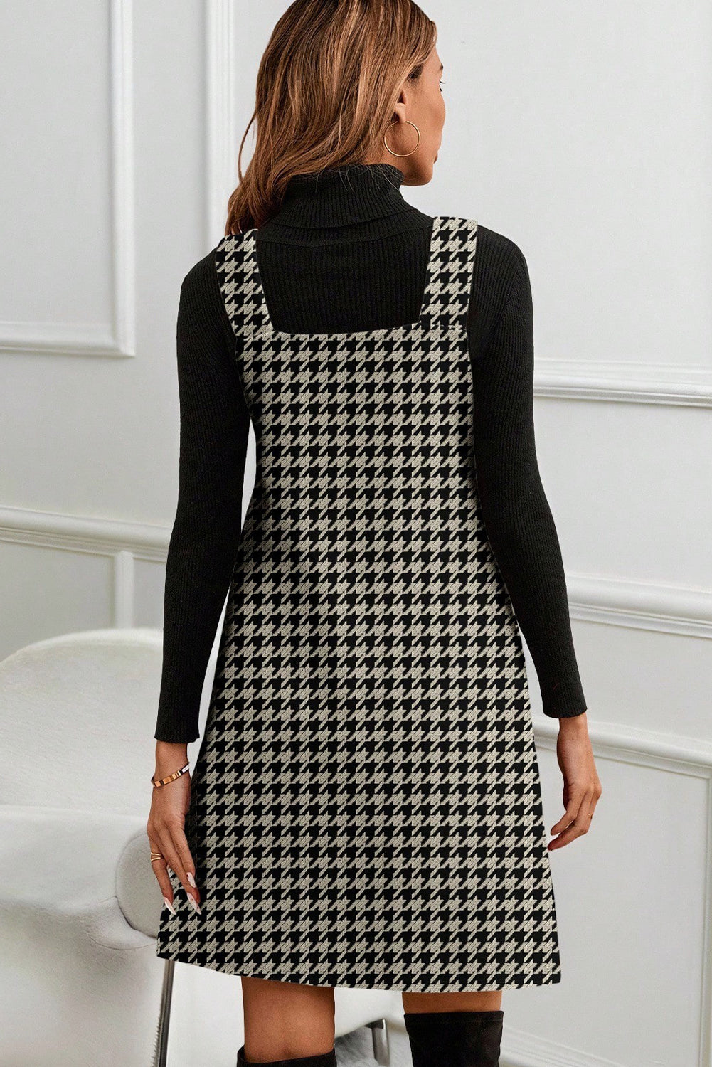 Khaki Houndstooth Print V Neck Sleeveless Mini Dress