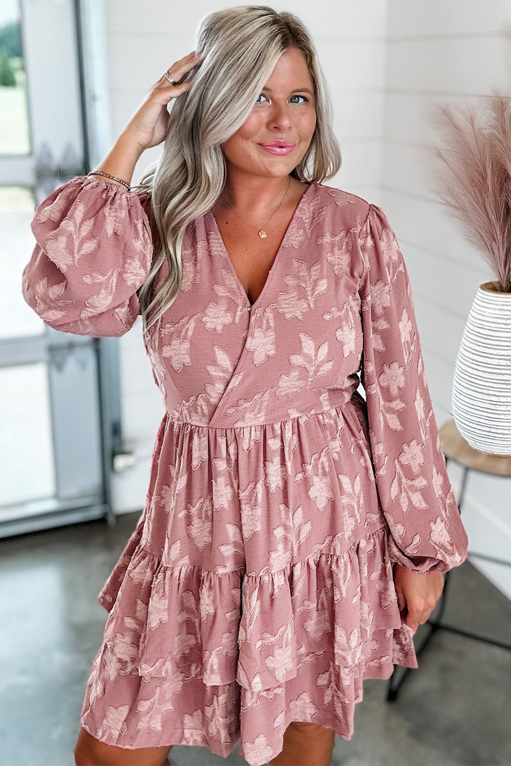 Peach Blossom Floral Surplice V Neck Tiered Ruffled Plus Size Dress