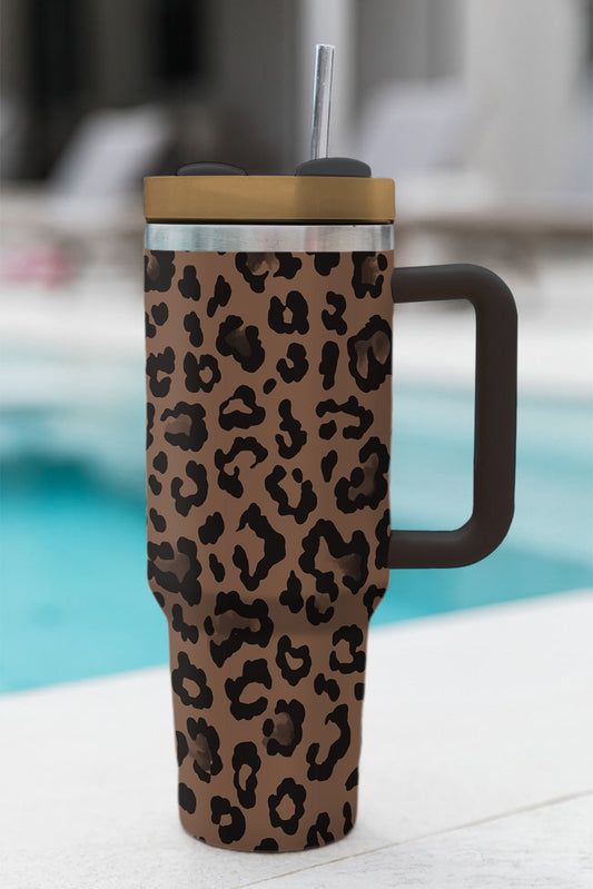 Coffee Leopard Print Handle Stainless Steel Large Vacuum Cup 40oz