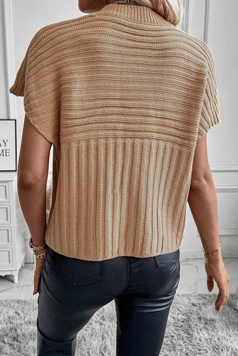 Light French Beige Rib Knitted Wide Sleeve Sweater T Shirt