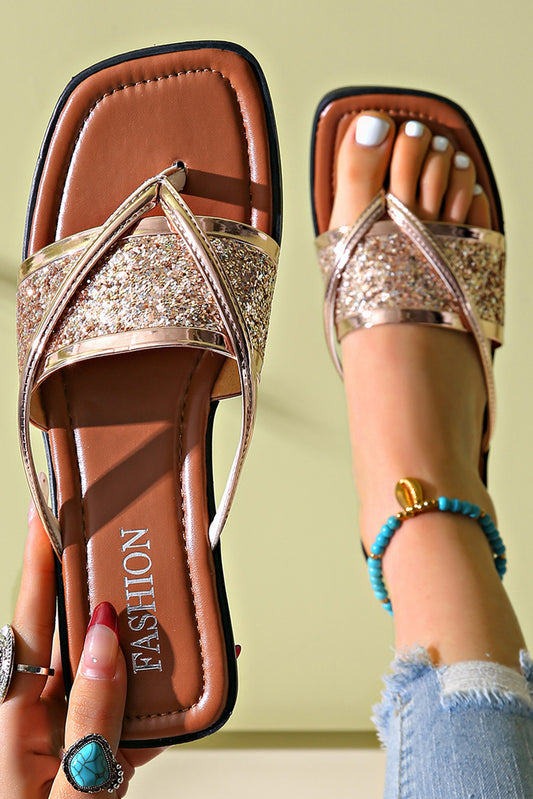 Gold Glitter Band Square Toe PU Leather Flat Slippers