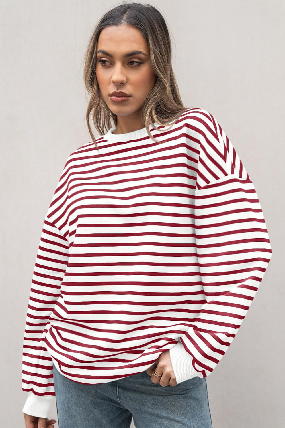 Burgundy Striped Long Sleeve Round Neck Loose Top