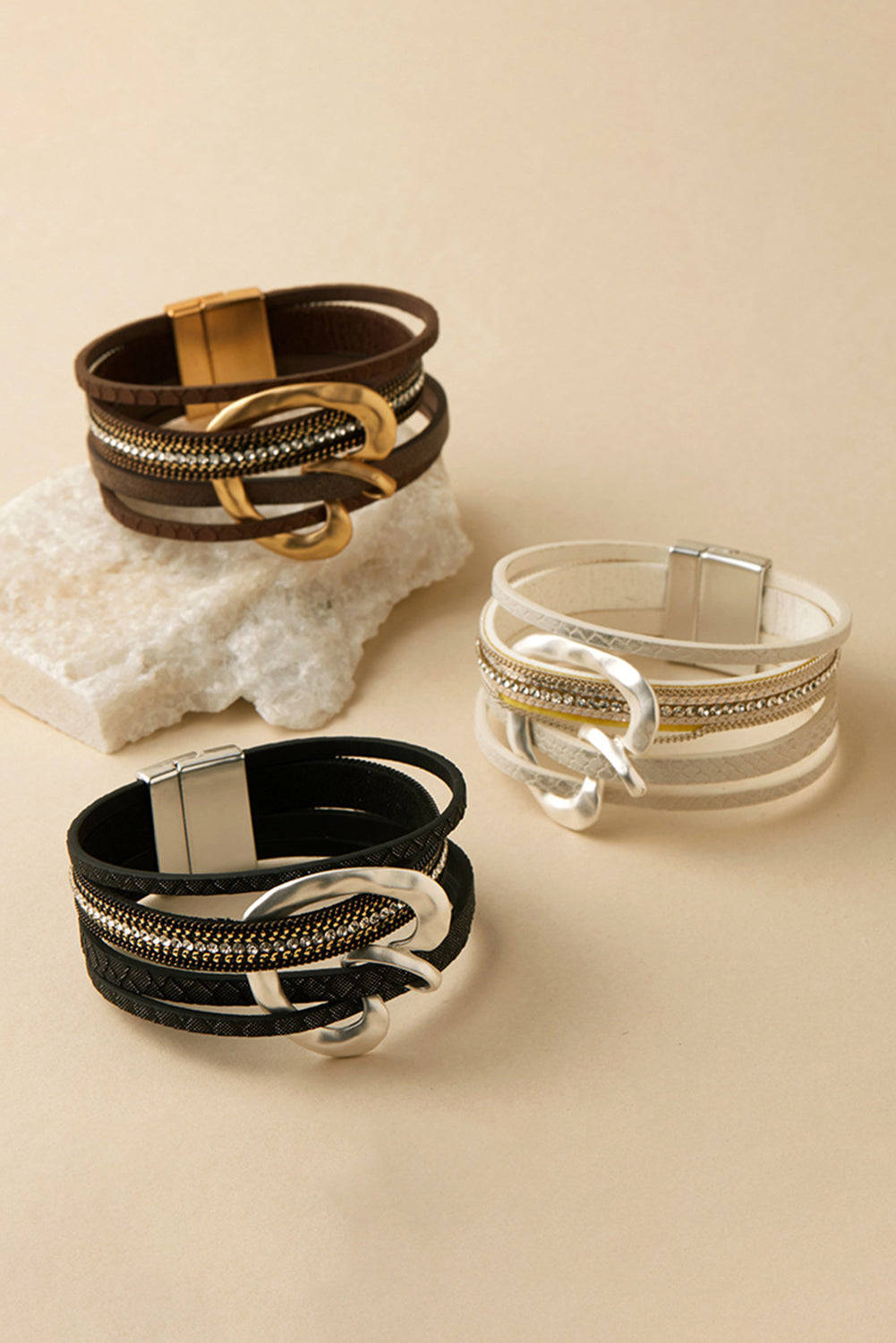 Coffee PU Leather Straps Rhinestone Embedded Retro Magnetic Buckle Bracelet