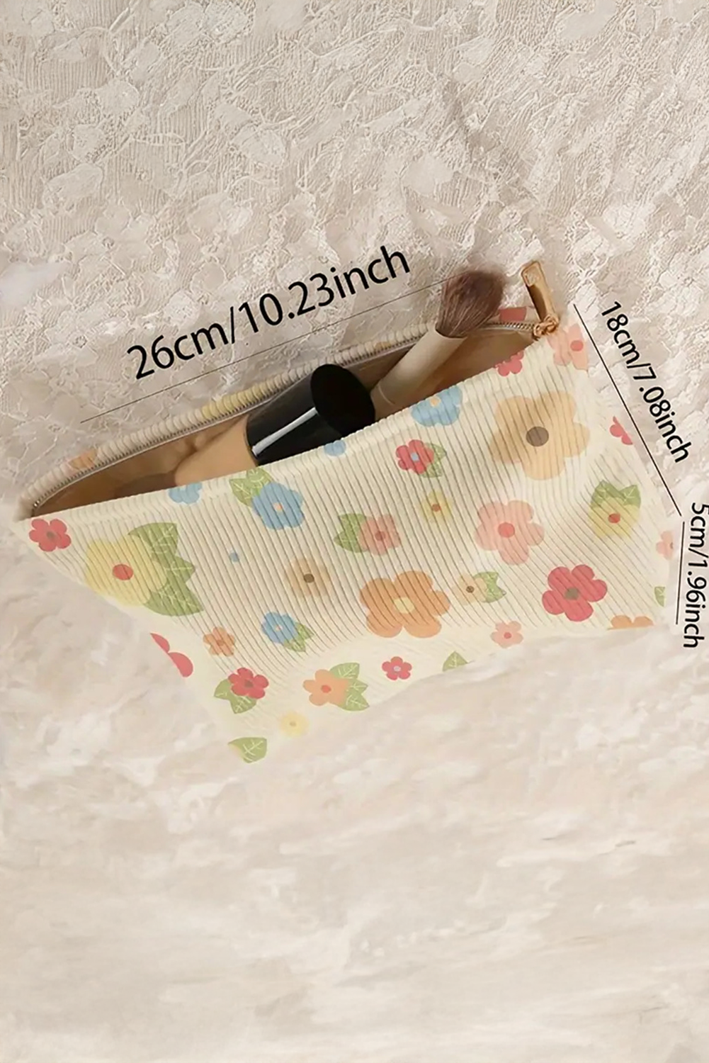 White Flower Leaves Print Zipper Corduroy Makeup Bag