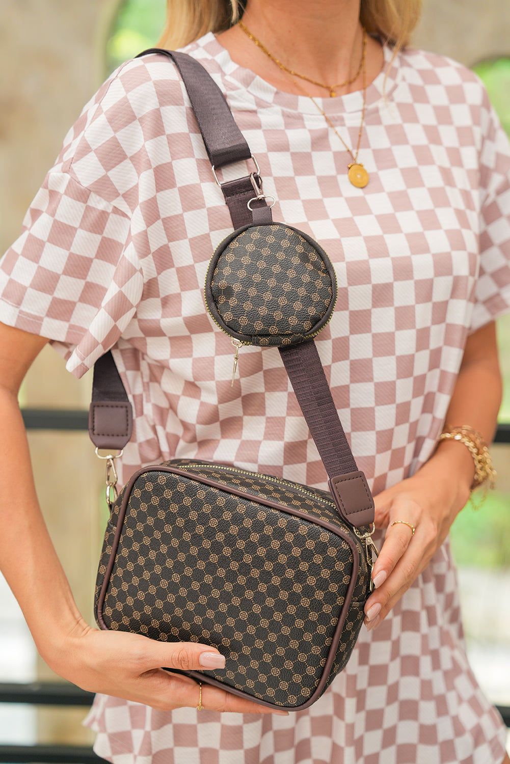 Coffee Checkered Print PU Leather Shoulder Bag with Coin Wallet