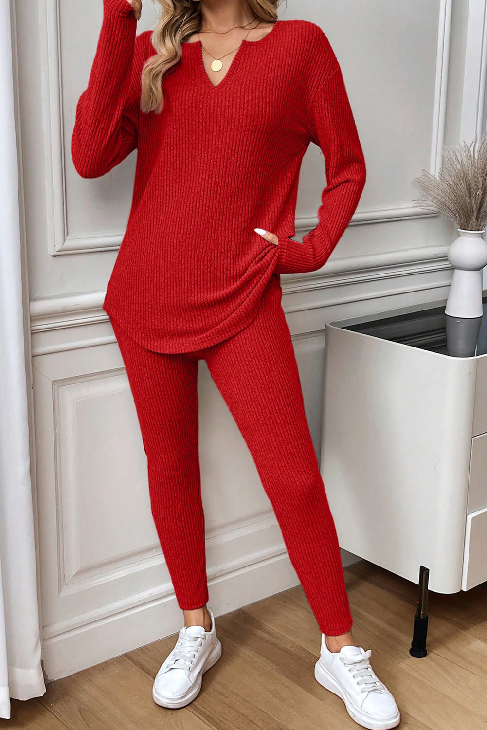 Racing Red Ribbed Notched Neck Knit Long Sleeve Leggings Two Pieces Lounge Set