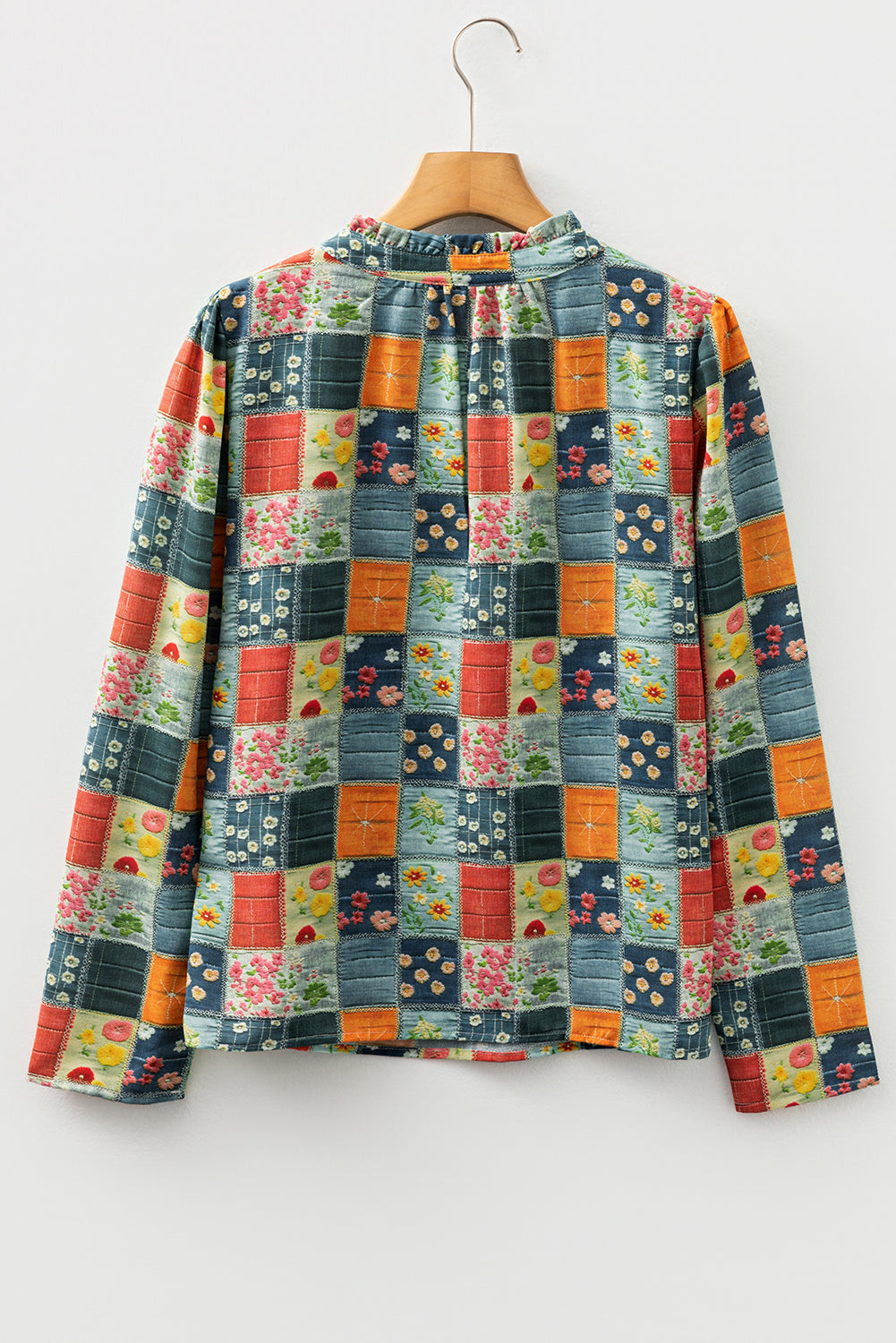 Sky Blue Fall Floral Half Placket Collared V Neck Blouse