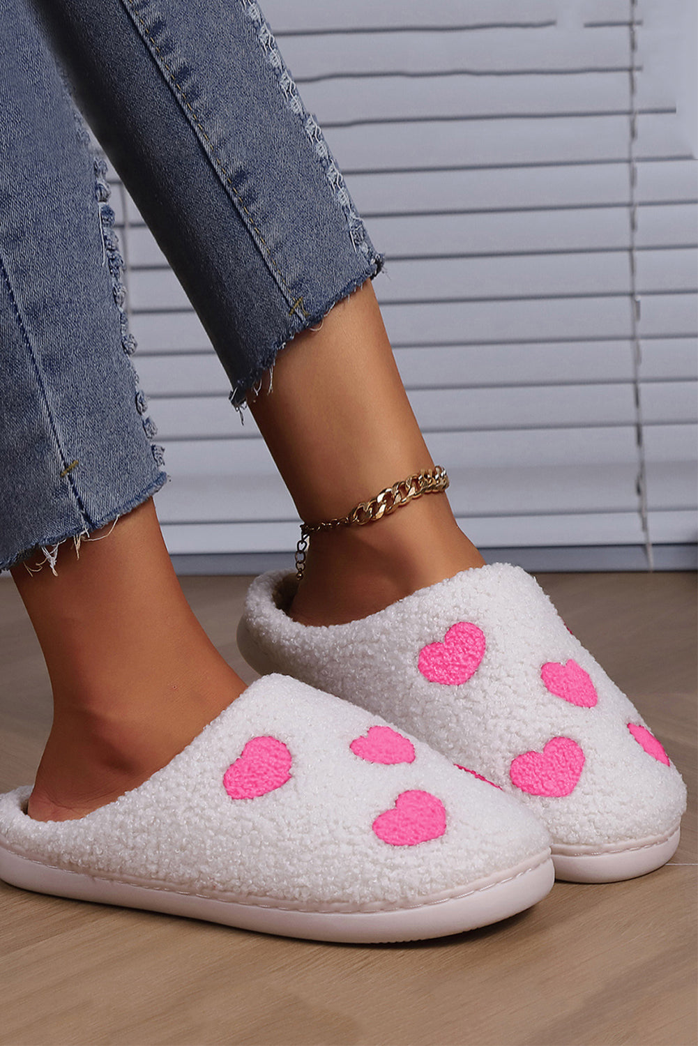 Pink Heart Pattern Valentines Fuzzy Winter Slippers